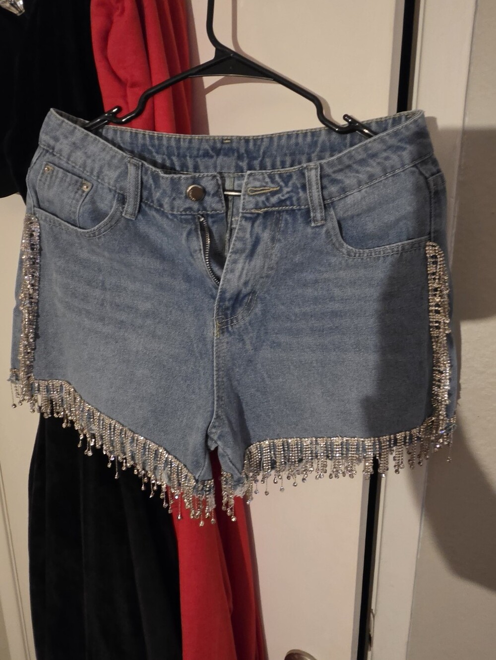 Beaded Fringe Light Blue Denim Shorts